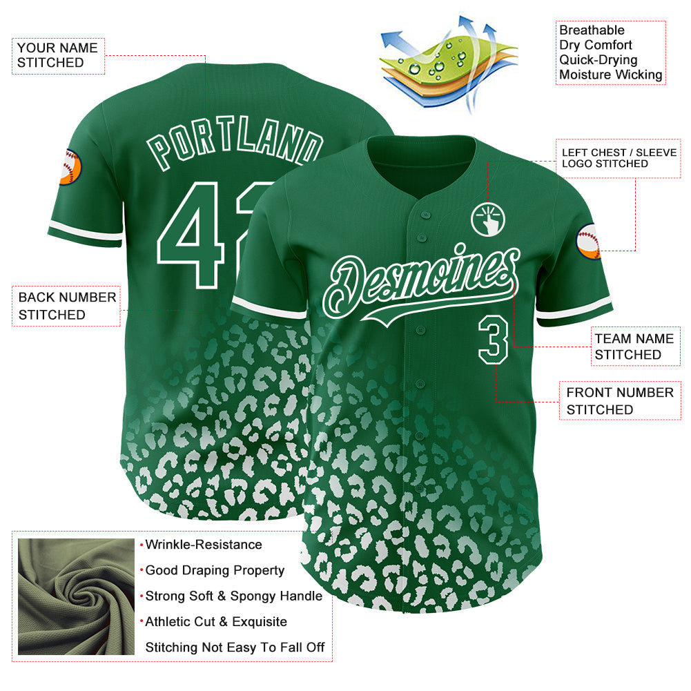 Custom Kelly Green White 3D Pattern Design Leopard Print Fade Fashion Authentic Baseball Jersey - Sky-Custom