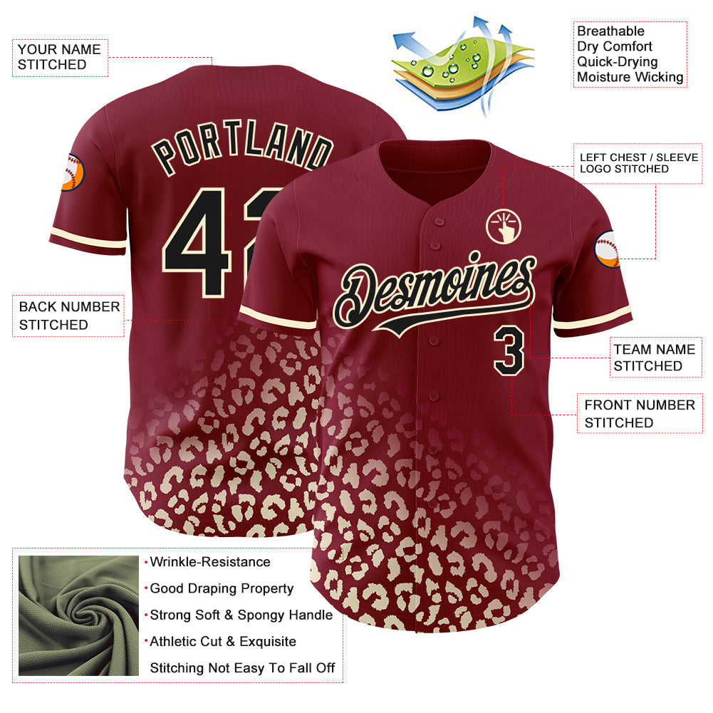 Custom Crimson Black-Cream 3D Pattern Design Leopard Print Fade Fashion Authentic Baseball Jersey - Sky-Custom