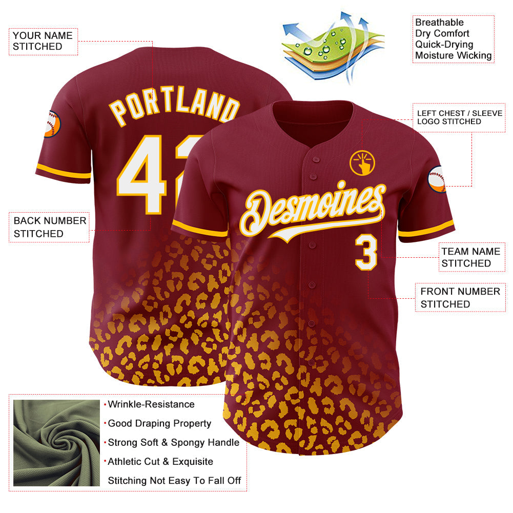 Custom Crimson White-Gold 3D Pattern Design Leopard Print Fade Fashion Authentic Baseball Jersey - Sky-Custom