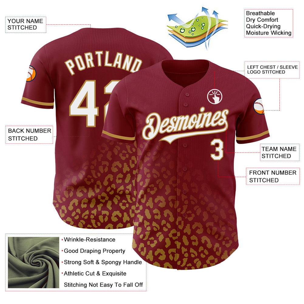 Custom Crimson White-Old Gold 3D Pattern Design Leopard Print Fade Fashion Authentic Baseball Jersey - Sky-Custom
