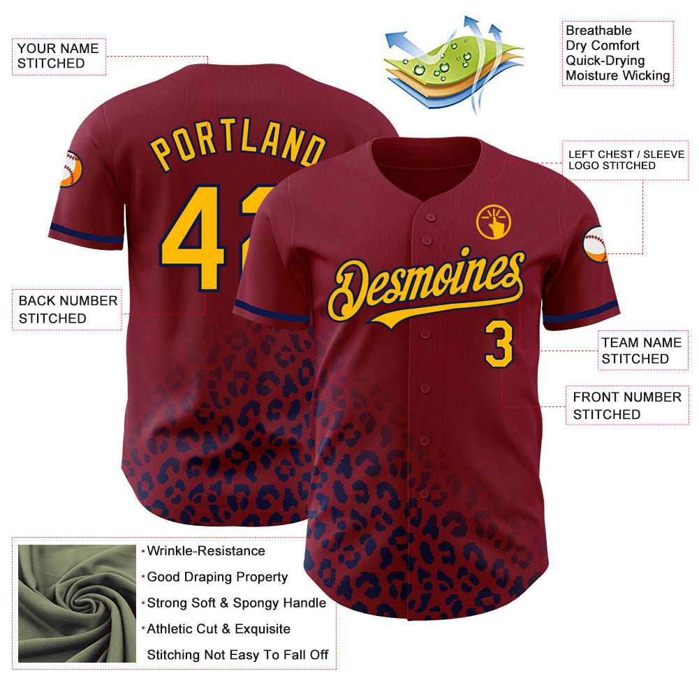 Custom Crimson Gold-Navy 3D Pattern Design Leopard Print Fade Fashion Authentic Baseball Jersey - Sky-Custom