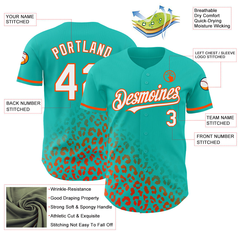 Custom Aqua White-Orange 3D Pattern Design Leopard Print Fade Fashion Authentic Baseball Jersey - Sky-Custom