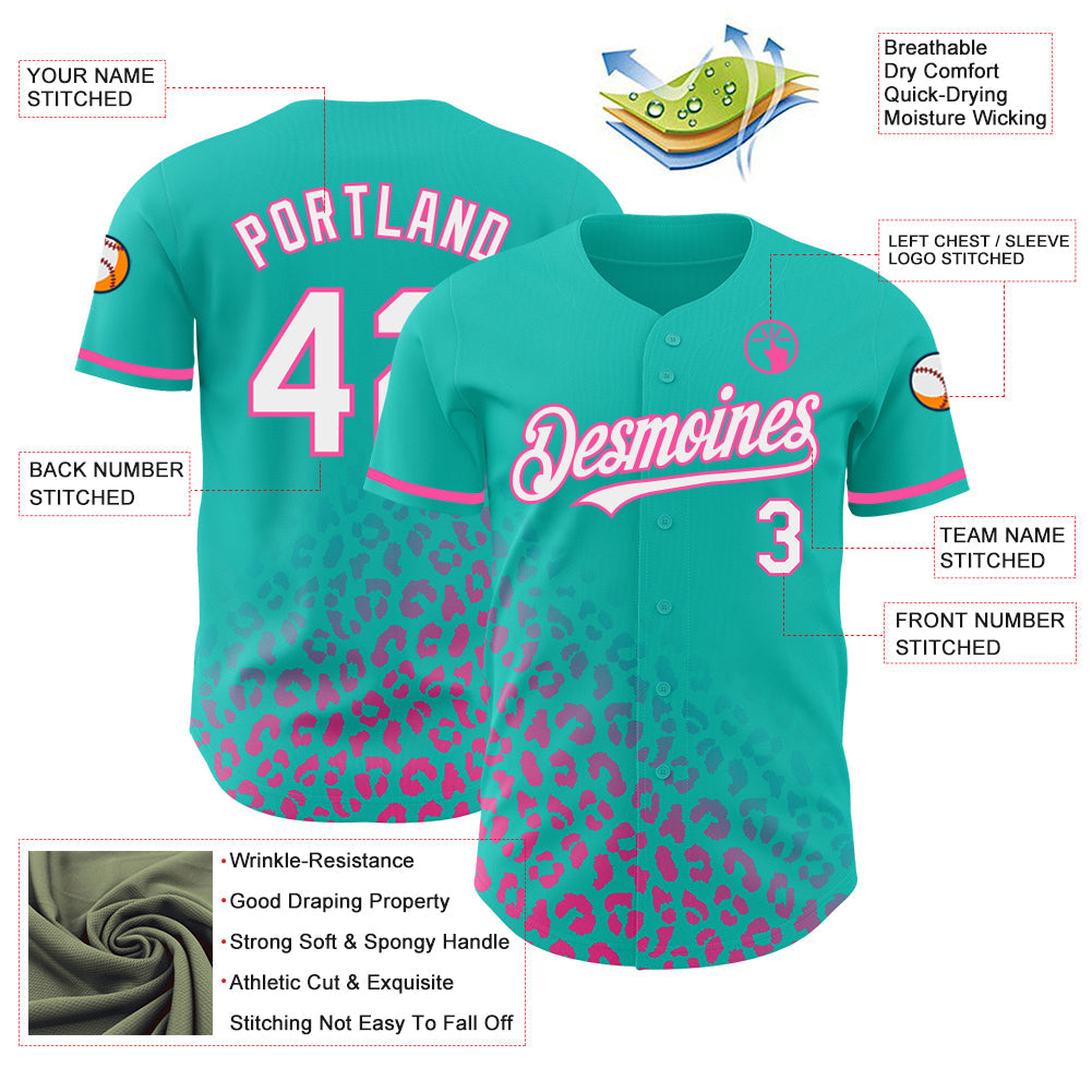 Custom Teal White-Pink 3D Pattern Design Leopard Print Fade Fashion Authentic Baseball Jersey - Sky-Custom