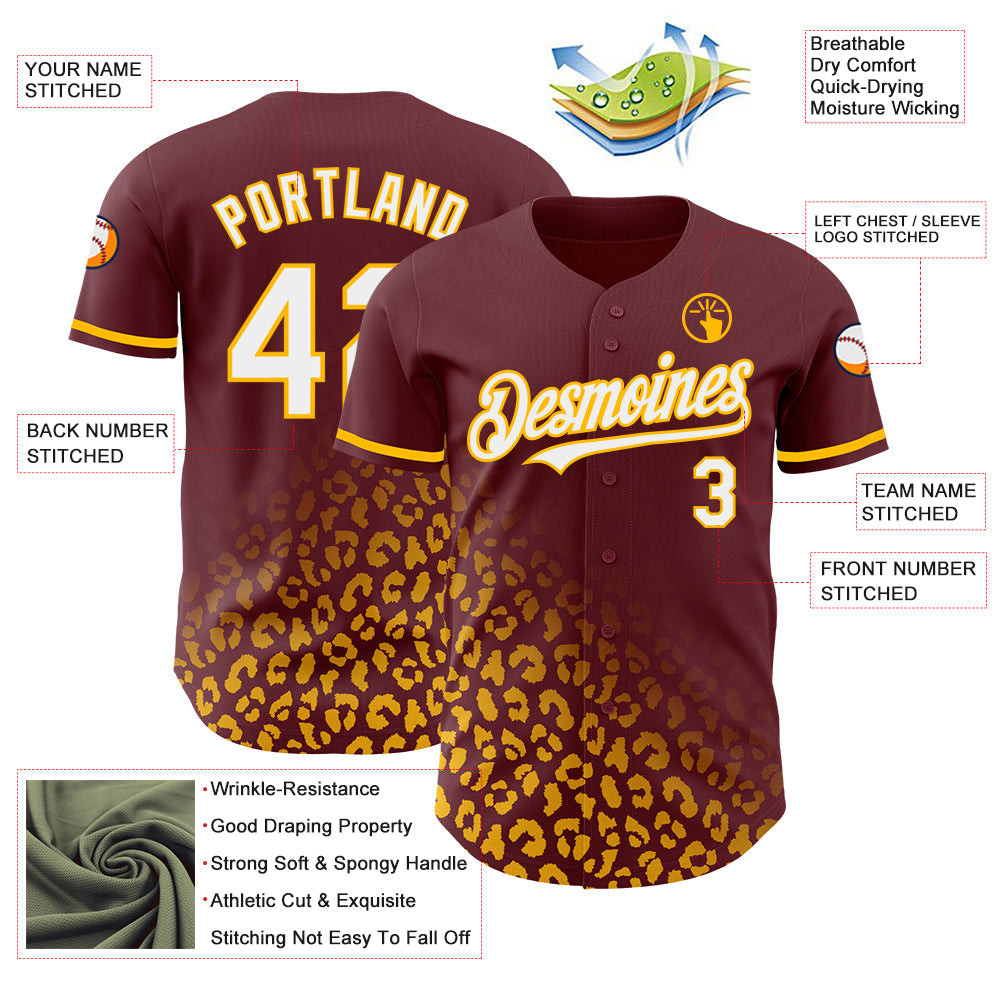 Custom Burgundy White-Gold 3D Pattern Design Leopard Print Fade Fashion Authentic Baseball Jersey - Sky-Custom