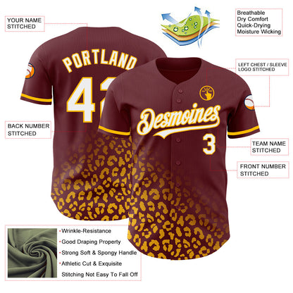 Custom Burgundy White-Gold 3D Pattern Design Leopard Print Fade Fashion Authentic Baseball Jersey - Sky-Custom