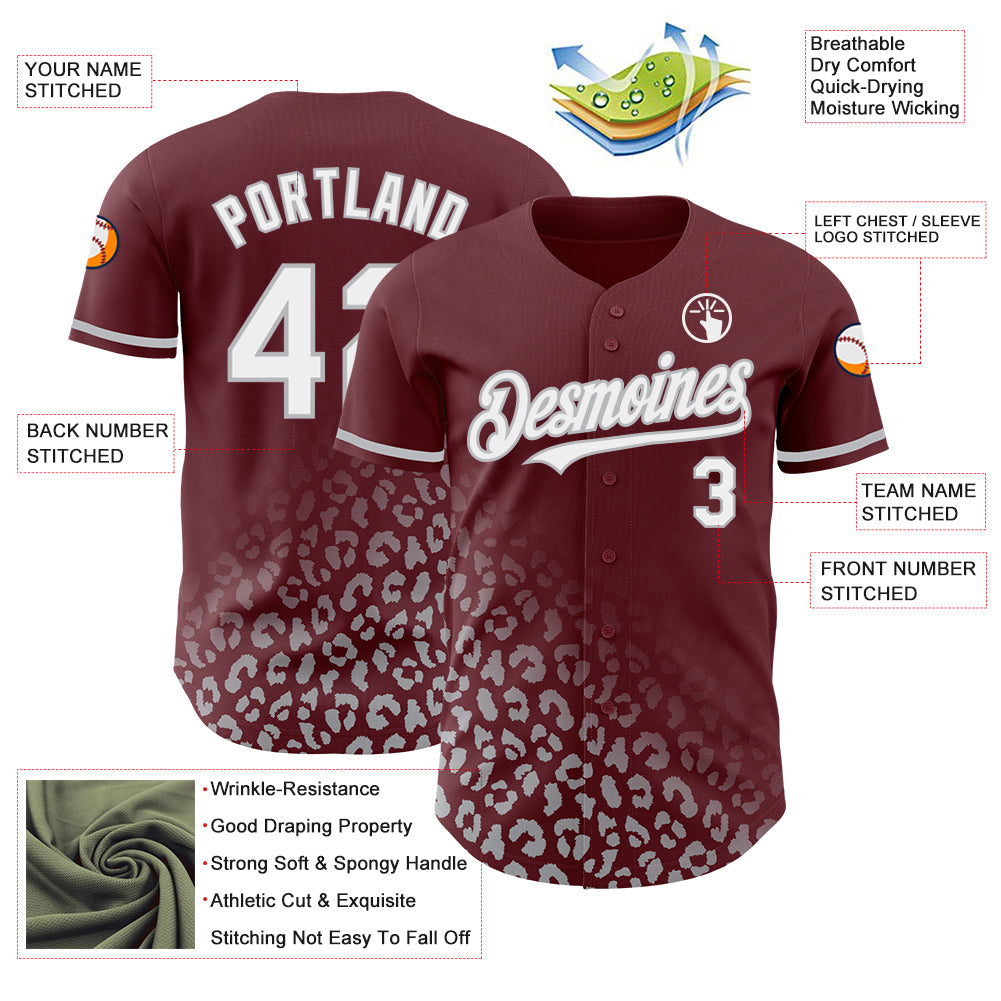 Custom Burgundy White-Gray 3D Pattern Design Leopard Print Fade Fashion Authentic Baseball Jersey - Sky-Custom