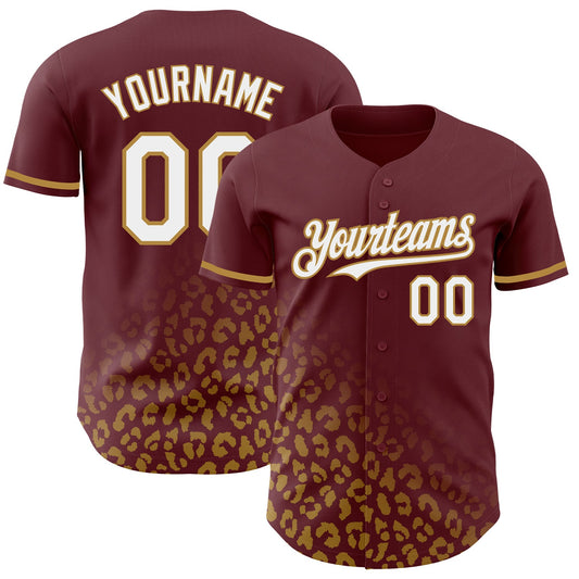 Custom Burgundy White-Old Gold 3D Pattern Design Leopard Print Fade Fashion Authentic Baseball Jersey - Sky-Custom