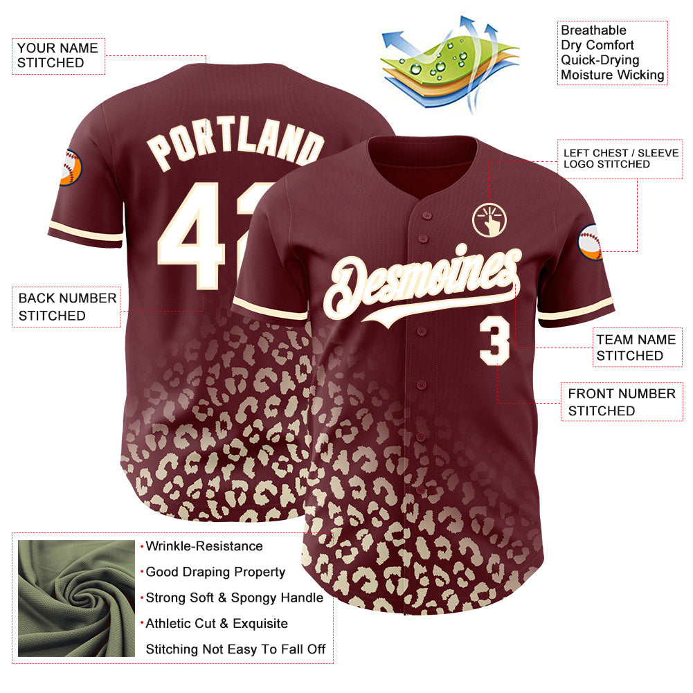 Custom Burgundy White-Cream 3D Pattern Design Leopard Print Fade Fashion Authentic Baseball Jersey - Sky-Custom