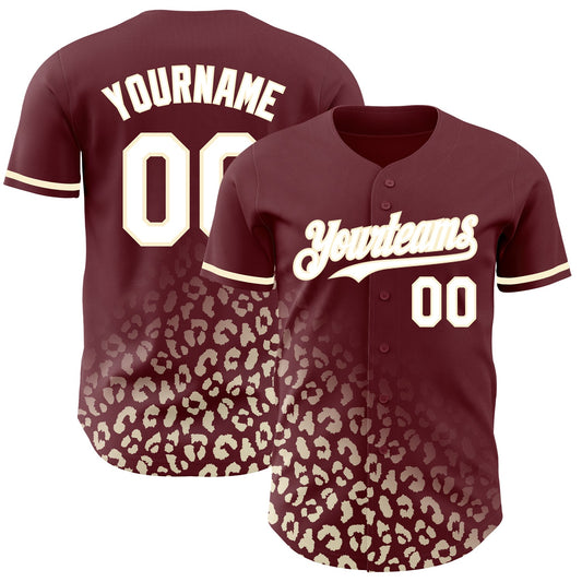Custom Burgundy White-Cream 3D Pattern Design Leopard Print Fade Fashion Authentic Baseball Jersey - Sky-Custom