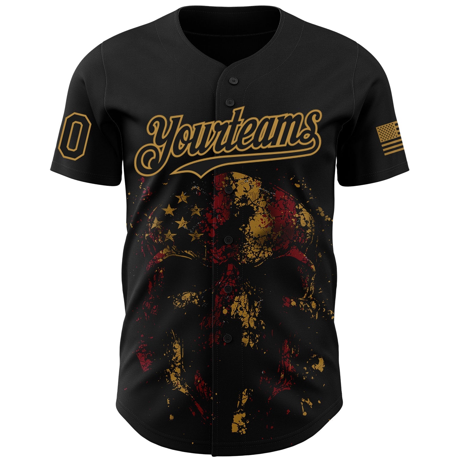 Custom Black Old Gold 3D American Flag Skull Patriotic Authentic Baseball Jersey - Sky-Custom