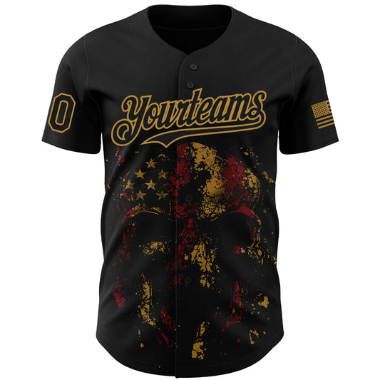 Custom Black Old Gold 3D American Flag Skull Patriotic Authentic Baseball Jersey - Sky-Custom
