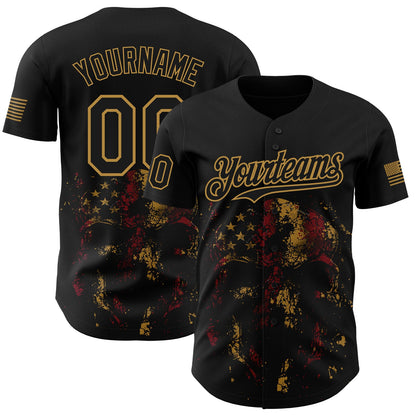 Custom Black Old Gold 3D American Flag Skull Patriotic Authentic Baseball Jersey - Sky-Custom