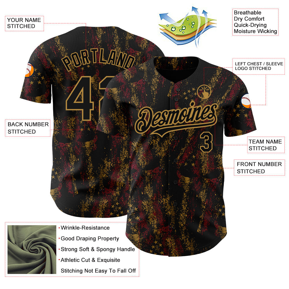 Custom Black Old Gold 3D American Flag Skull Patriotic Authentic Baseball Jersey - Sky-Custom