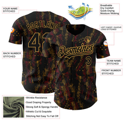 Custom Black Old Gold 3D American Flag Skull Patriotic Authentic Baseball Jersey - Sky-Custom