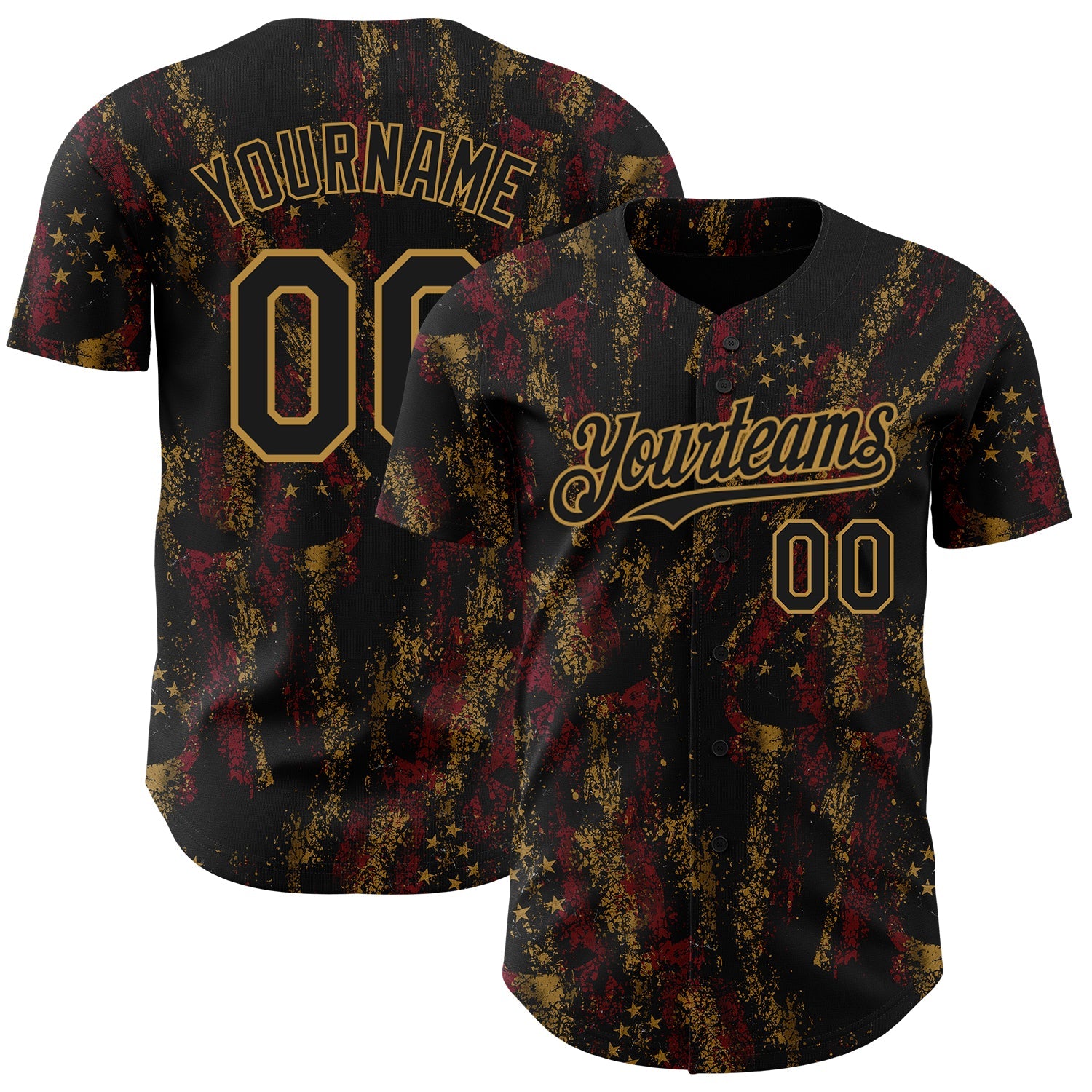 Custom Black Old Gold 3D American Flag Skull Patriotic Authentic Baseball Jersey - Sky-Custom