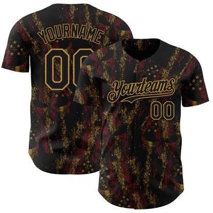 Custom Black Old Gold 3D American Flag Skull Patriotic Authentic Baseball Jersey - Sky-Custom