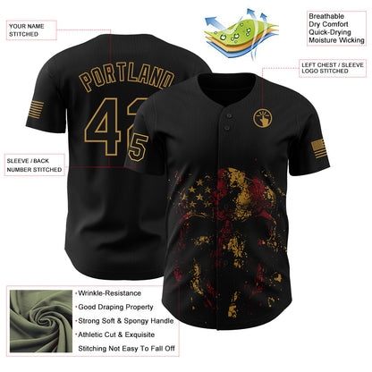 Custom Black Old Gold 3D American Flag Skull Patriotic Authentic Baseball Jersey - Sky-Custom
