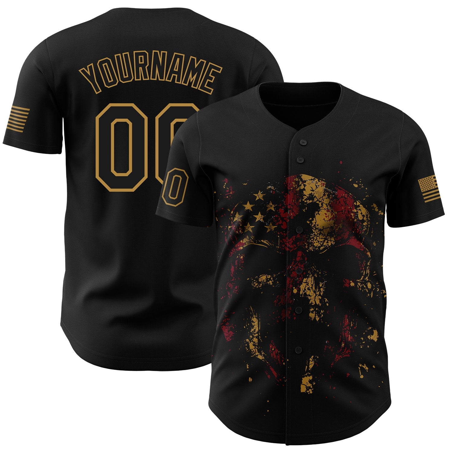 Custom Black Old Gold 3D American Flag Skull Patriotic Authentic Baseball Jersey - Sky-Custom
