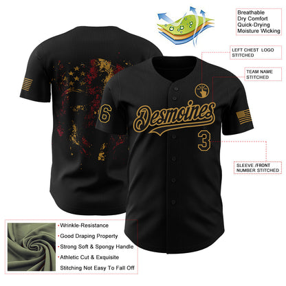Custom Black Old Gold 3D American Flag Skull Patriotic Authentic Baseball Jersey - Sky-Custom