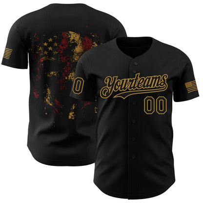 Custom Black Old Gold 3D American Flag Skull Patriotic Authentic Baseball Jersey - Sky-Custom