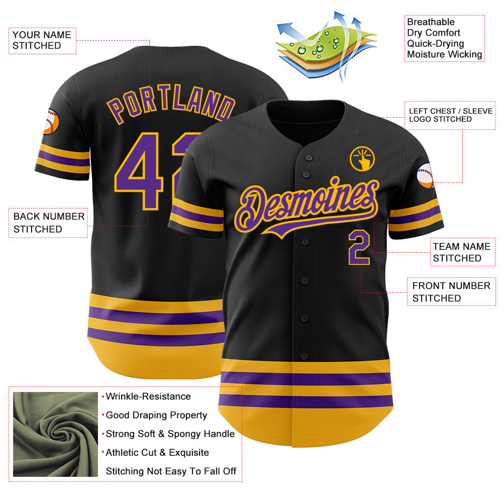 Custom Black Purple-Gold Line Authentic Baseball Jersey - Sky-Custom
