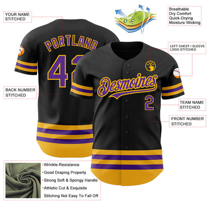 Custom Black Purple-Gold Line Authentic Baseball Jersey - Sky-Custom