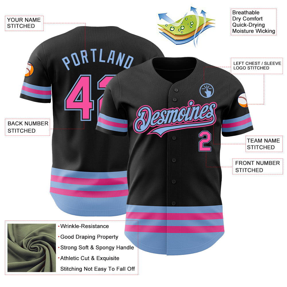 Custom Black Pink-Light Blue Line Authentic Baseball Jersey - Sky-Custom
