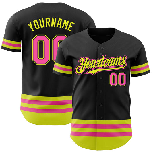 Custom Black Pink-Neon Yellow Line Authentic Baseball Jersey - Sky-Custom
