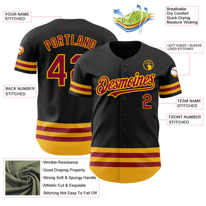Custom Black Maroon-Gold Line Authentic Baseball Jersey - Sky-Custom