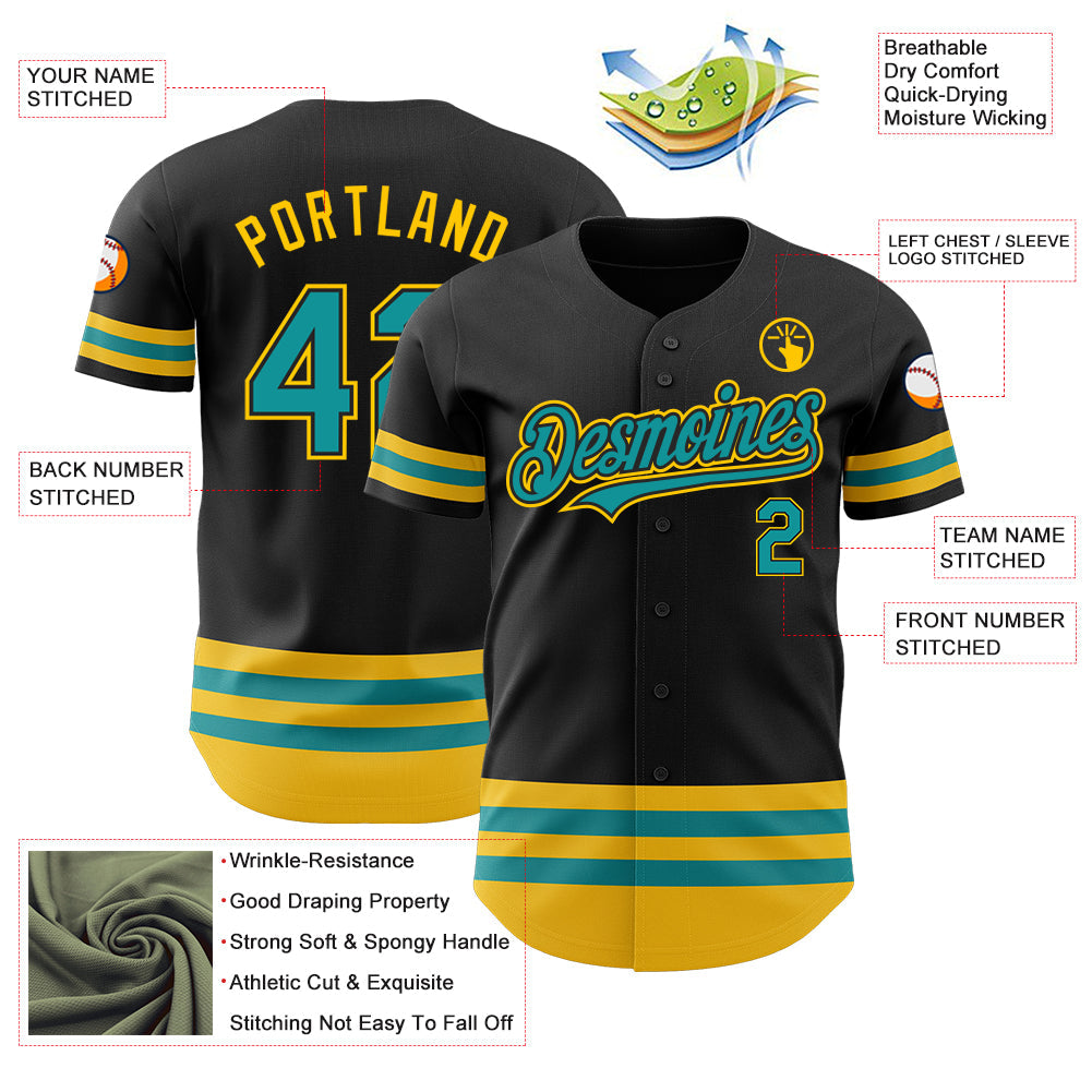 Custom Black Teal-Yellow Line Authentic Baseball Jersey - Sky-Custom