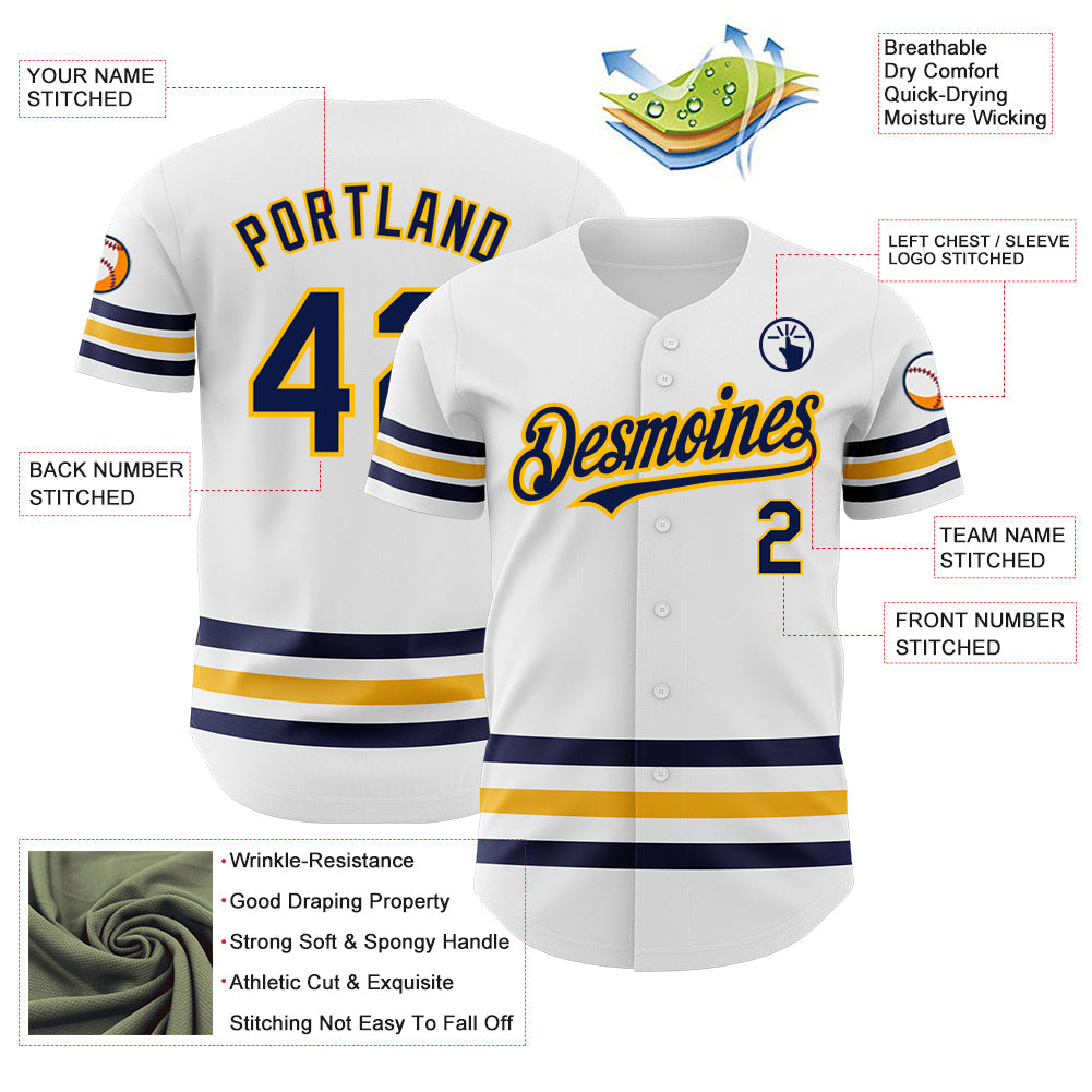 Custom White Navy-Gold Line Authentic Baseball Jersey - Sky-Custom