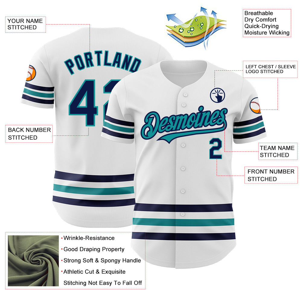 Custom White Navy-Teal Line Authentic Baseball Jersey - Sky-Custom