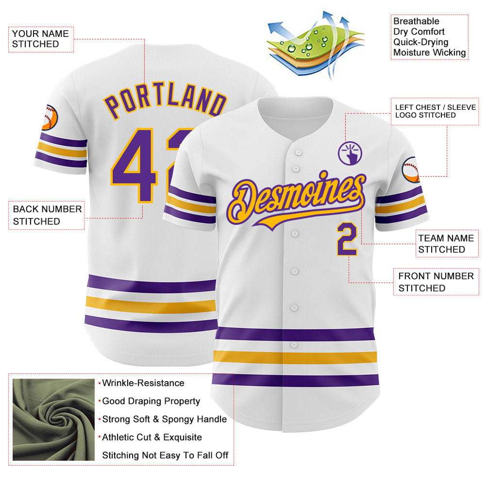Custom White Purple-Gold Line Authentic Baseball Jersey - Sky-Custom