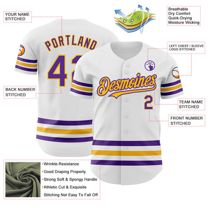 Custom White Purple-Gold Line Authentic Baseball Jersey - Sky-Custom