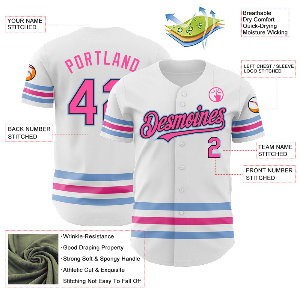 Custom White Pink Black-Light Blue Line Authentic Baseball Jersey - Sky-Custom
