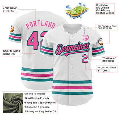 Custom White Pink Black-Teal Line Authentic Baseball Jersey - Sky-Custom