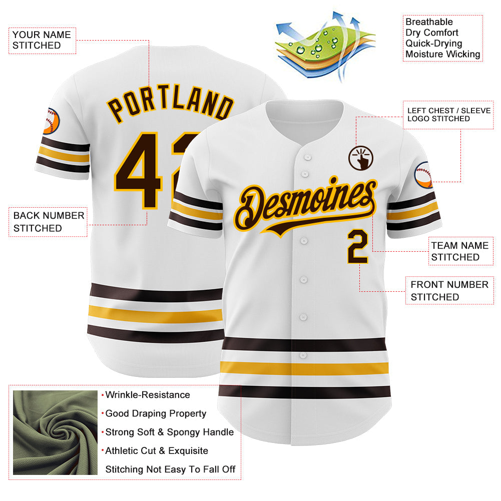 Custom White Brown-Gold Line Authentic Baseball Jersey - Sky-Custom