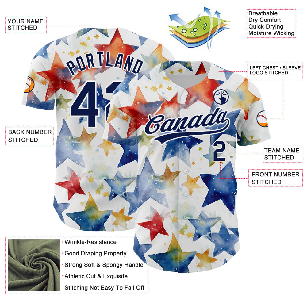 Custom White Navy-Red 3D Pattern Design Stars Authentic Baseball Jersey - Sky-Custom