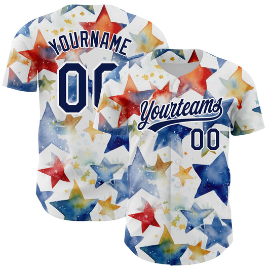 Custom White Navy-Red 3D Pattern Design Stars Authentic Baseball Jersey - Sky-Custom