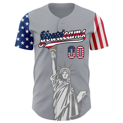 Custom Gray USA Flag-Black 3D American Flag Statue of Liberty Patriotic Authentic Baseball Jersey - Sky-Custom