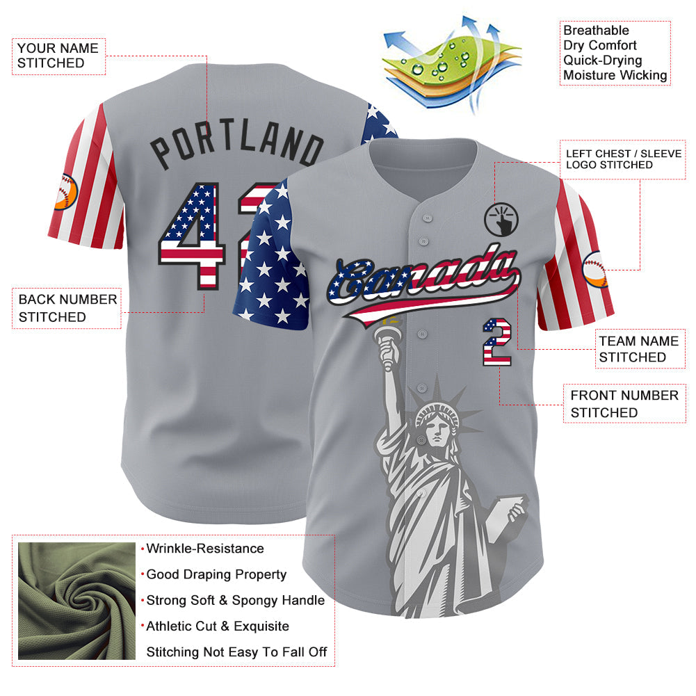 Custom Gray USA Flag-Black 3D American Flag Statue of Liberty Patriotic Authentic Baseball Jersey - Sky-Custom