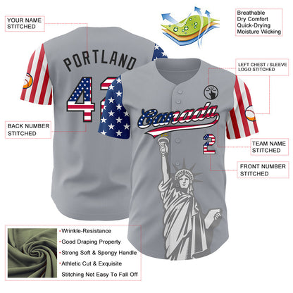Custom Gray USA Flag-Black 3D American Flag Statue of Liberty Patriotic Authentic Baseball Jersey - Sky-Custom