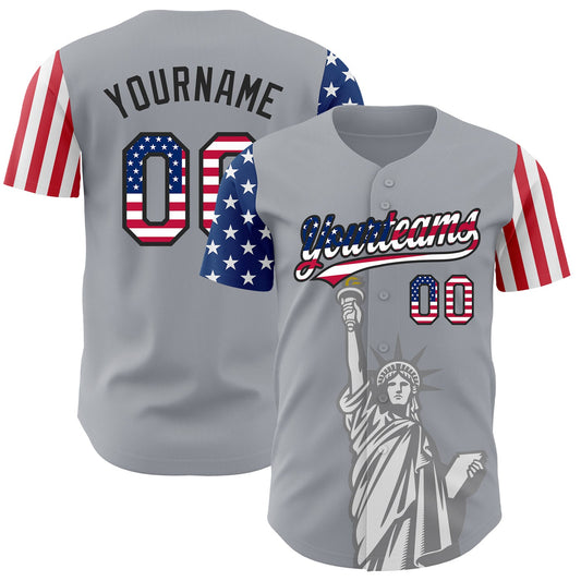 Custom Gray USA Flag-Black 3D American Flag Statue of Liberty Patriotic Authentic Baseball Jersey - Sky-Custom