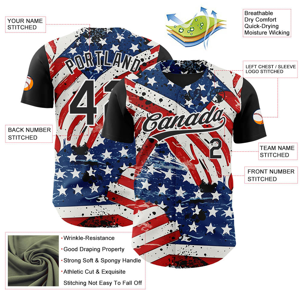 Custom White Black Royal-Red 3D American Flag Patriotic Authentic Baseball Jersey - Sky-Custom