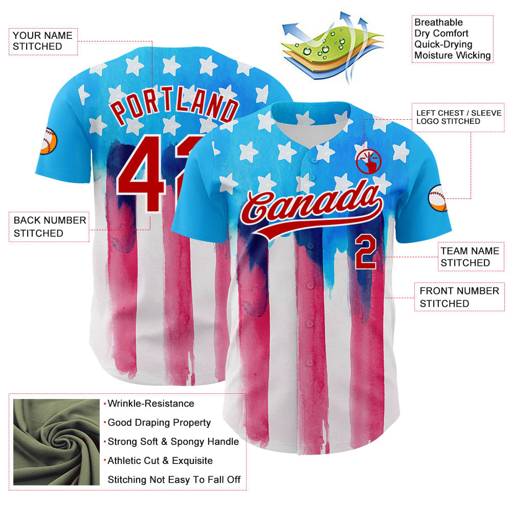 Custom Electric Blue Red-White 3D American Flag Patriotic Authentic Baseball Jersey - Sky-Custom