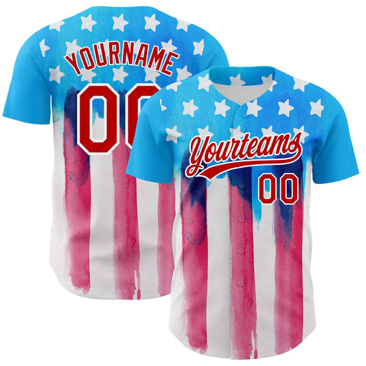 Custom Electric Blue Red-White 3D American Flag Patriotic Authentic Baseball Jersey - Sky-Custom