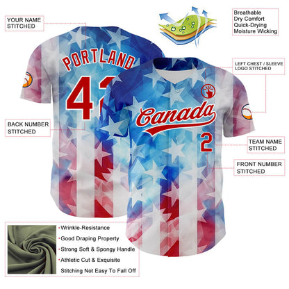 Custom White Red-Royal 3D American Flag Patriotic Authentic Baseball Jersey - Sky-Custom