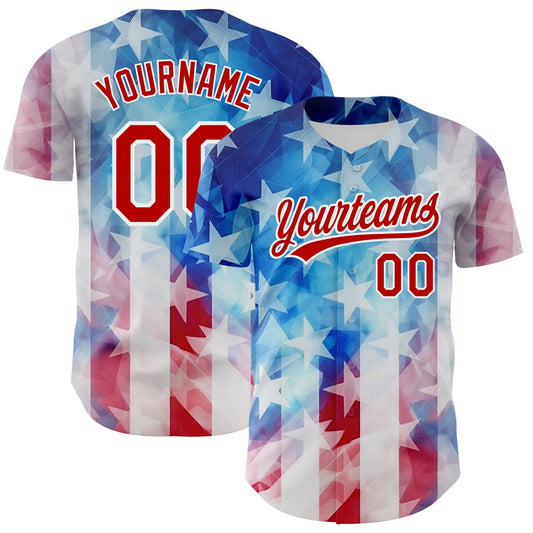 Custom White Red-Royal 3D American Flag Patriotic Authentic Baseball Jersey - Sky-Custom