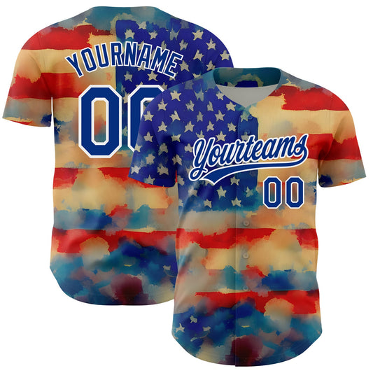 Custom Red Royal-White 3D American Flag Patriotic Authentic Baseball Jersey - Sky-Custom