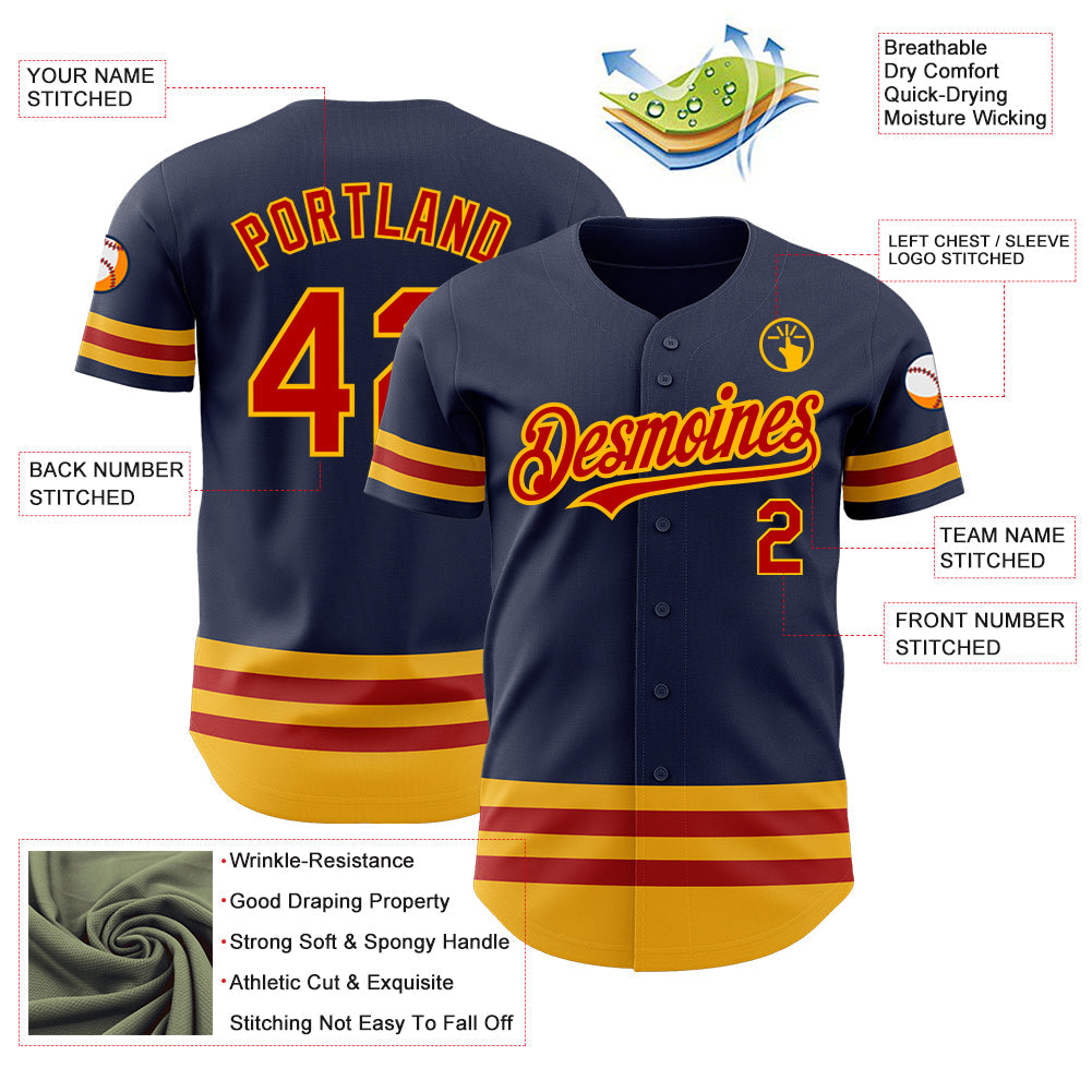 Custom Navy Red-Gold Line Authentic Baseball Jersey - Sky-Custom